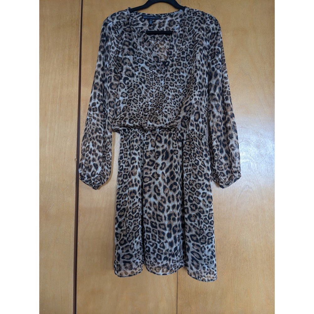White House Black Market Leopard Print Gold Metallic V-Neck Dress Womens 6